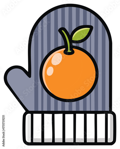 Illustration of Orange Fruit on Striped Mitten - Winter Themed Graphic Art Element for Festive Design Projects