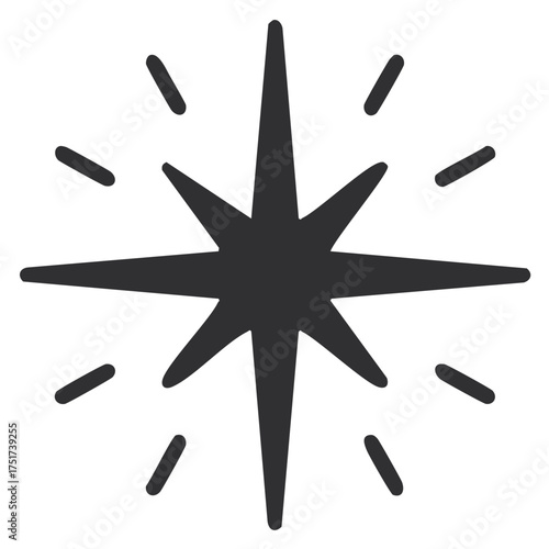Minimalist dark starburst icon with eight points and radiating light rays
