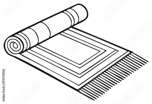 Stylized Rug Design Partially Rolled with Fringe Accent Interior Decor Black and White