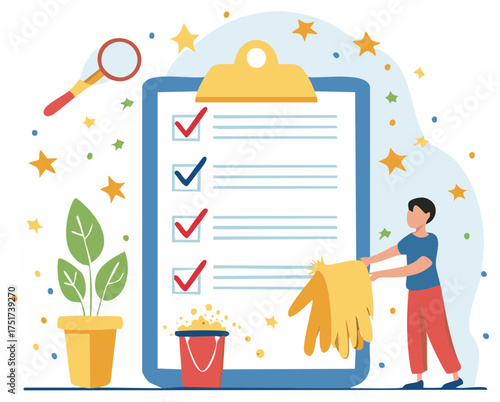 Illustration of cleaning supplies, a checklist, a plant, and a person holding gloves