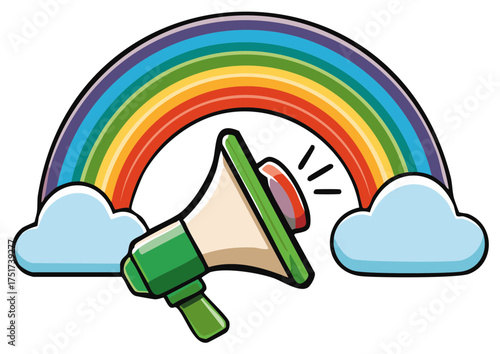 A colorful rainbow arcs over fluffy clouds with a green megaphone announcing good news