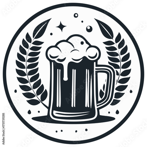Stylized beer mug overflowing with foam inside circle with wheat stalks and star