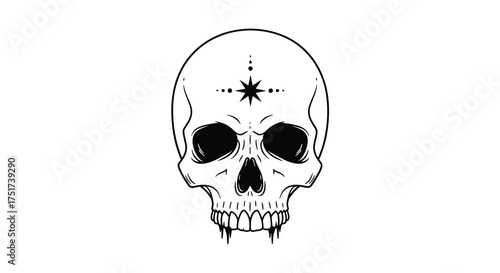A mystical skull with a star and sharp fangs looking directly forward.