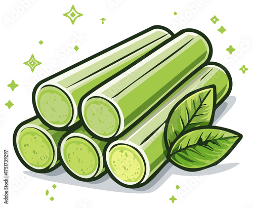 Fresh green lemongrass stems and leaves, healthy food, illustration