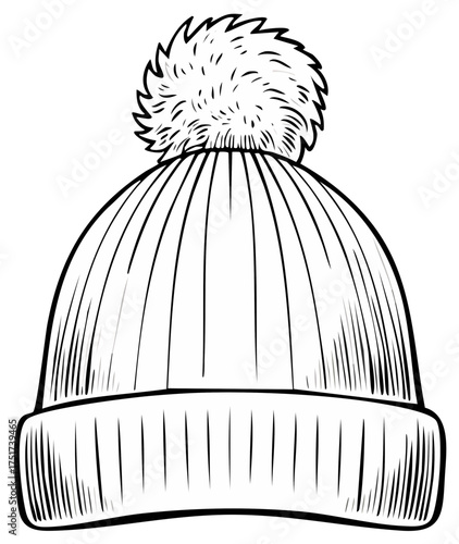 Winter Beanie Hat Outline with Pom Pom Vector Illustration