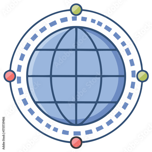 Globe illustration surrounded by dotted circle and colorful points, earth, world