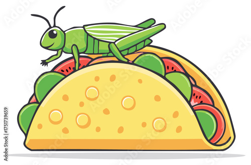 Illustration of Taco Filled with Tomatoes and Avocado Topped by a Grasshopper