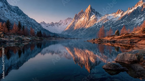 Drone shot of a tranquil lake at dawn mirror-like surface reflecting towering snowy peaks in the scenic landscape