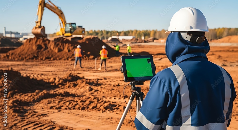 Fototapeta premium Construction worker using tablet at a construction site with heavy machinery.