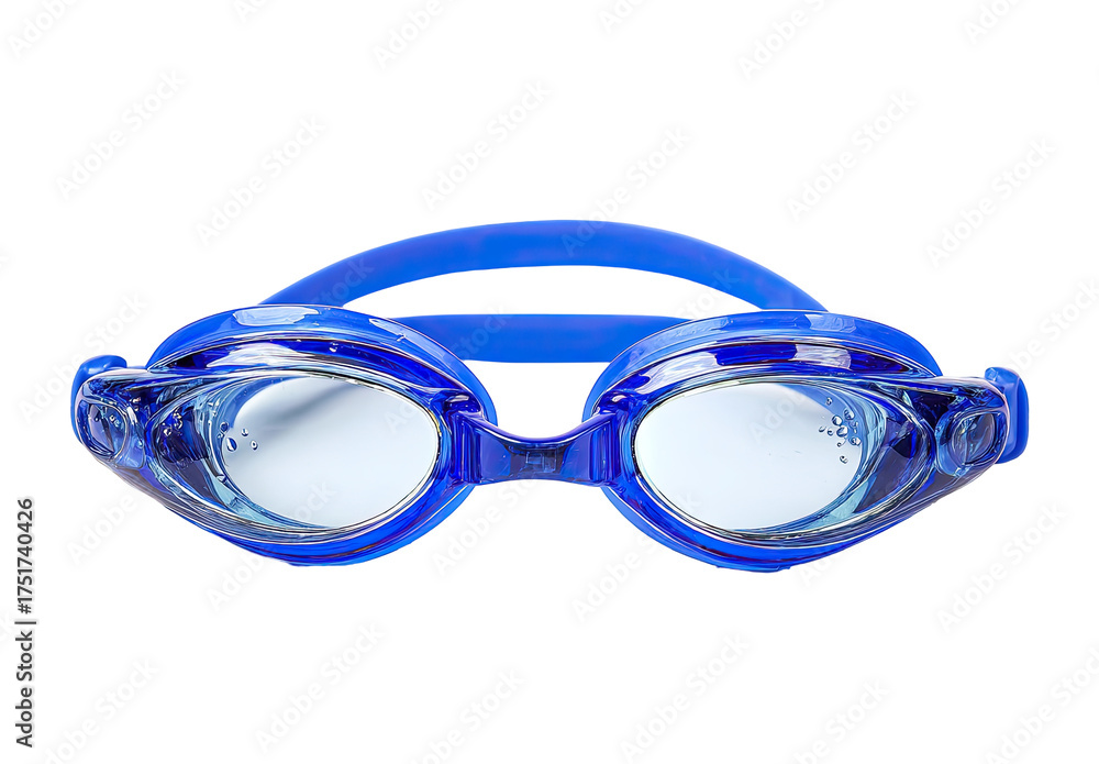 Fototapeta premium Top-down view of bright blue swimming goggles. Clear lenses, a smooth, glossy finish, and adjustable straps are visible