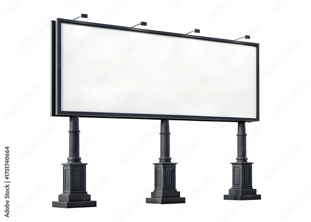 Obraz premium A large blank white rectangular billboard with a dark border and overhead spotlights stands on three classic ornate pillars, transparent png isolated.