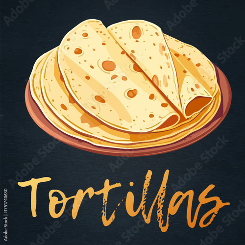 Freshly Made Tortillas Mexican Food Vector Illustration. Stack of delicious, freshly made tortillas on a plate cartoon icon. A popular Mexican meal, tortillas are made with corn flour