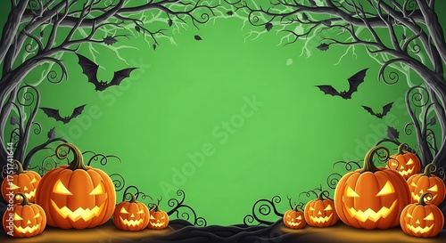 Spooky Halloween Frame with Jack O Lanterns and Bats on a Green Screen Background.
