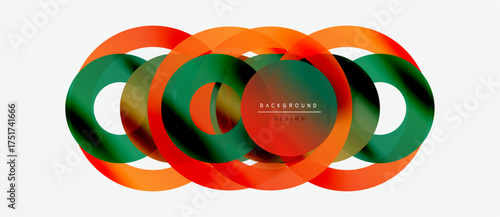 Abstract overlapping circles create dynamic visual. Orange, green hues blend, forming modern design element. Minimalist background enhances composition.
