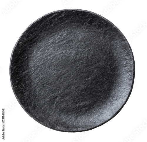 Dark, round plate with a slate-like texture