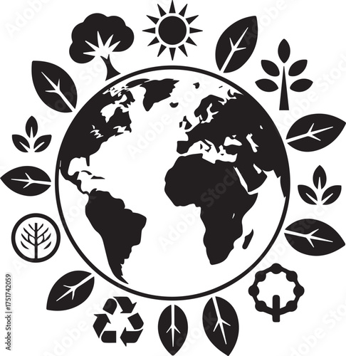 Global ecology and sustainability concept featuring planet earth surrounded by nature symbols and recycling icons promoting environmental conservation and green living vector