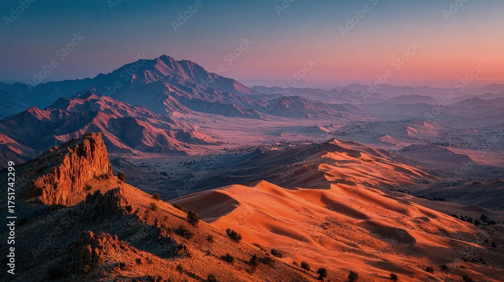 Obraz premium Drone shot overlooking a vast desert with rolling dunes scenic landscape under a deep blue twilight sky