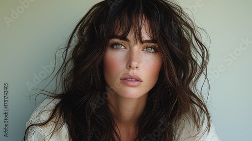 Young woman with messy wavy brown hair and natural makeup staring confidently, soft lighting, minimalist background
