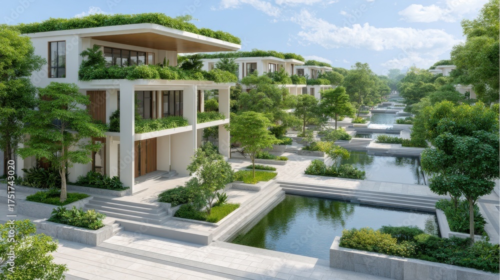 Fototapeta premium Sustainable Housing Trend Concept. Modern architecture surrounded by greenery and water features in a serene landscape setting.