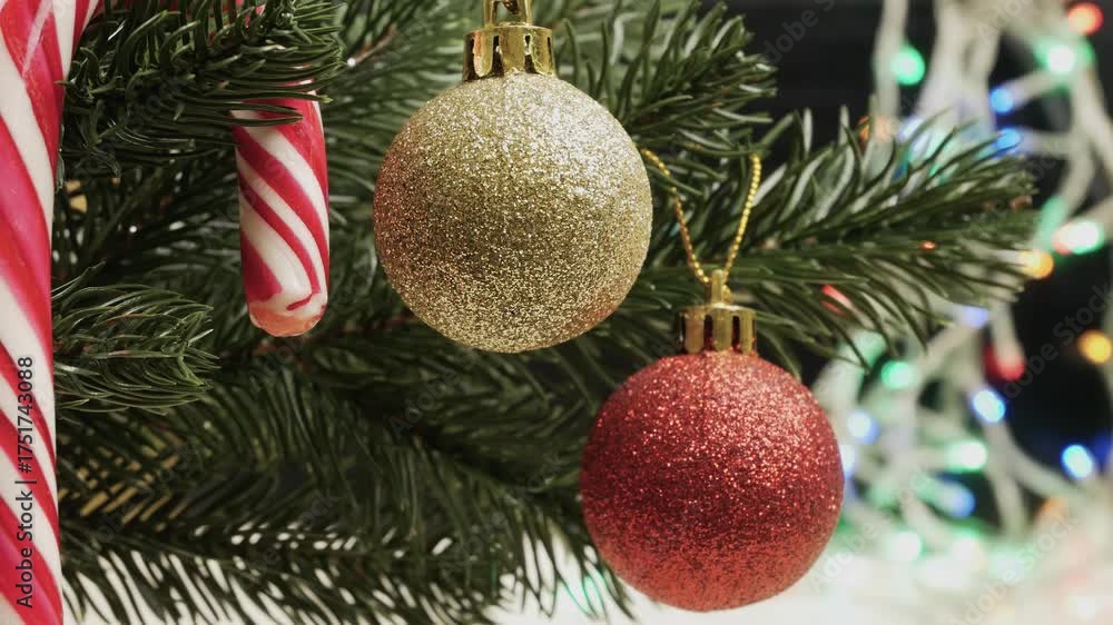 custom made wallpaper toronto digitalChristmas tree decorated with golden and red balls, festive sweets, and glowing lights in the background. Cozy and magical New Year's atmosphere.
