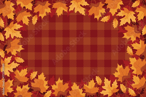 fall leaves background frame with brown plaid pattern seasonal elements autumn theme flat design vector illustration