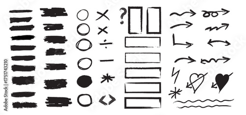 Collection of hand drawn sketchy elements including brushes circles squares arrows hearts and mathematical symbols