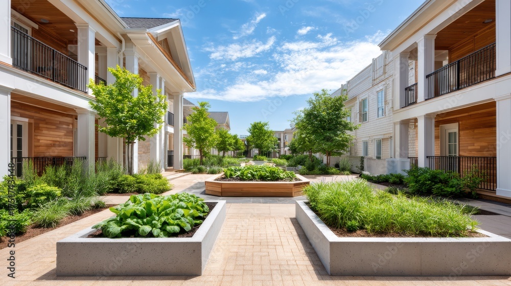Fototapeta premium Sustainable Housing Trend Concept. Modern courtyard with greenery and residential buildings under a bright sky.