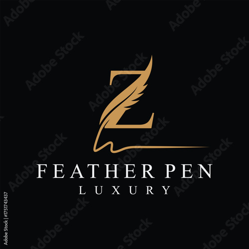 Initial letter Z feather pen logo design, serif font graphic icon vector, golden color symbol concept 