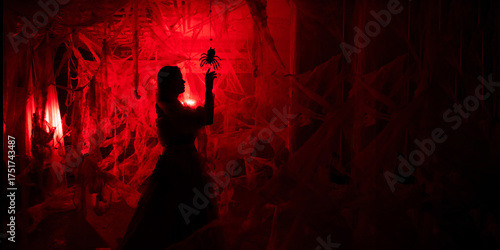 Foto scary ghostly woman with spider in spiderweb, halloween nightmare scene on red b