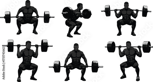 Barbell squat, fitness exercise, strength training, gym workout, muscular man, proper form, weightlifting technique, athletic posture, bodybuilding, powerlifting