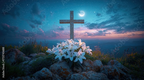 Easter lily flowers and stone cross at sunset under starry sky, tranquil mountain landscape with crescent moon