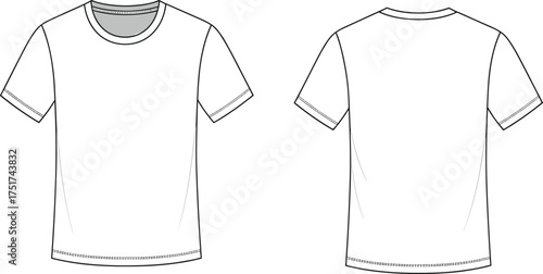 Blank white t-shirt, front view, back view, apparel template, fashion mockup, clothing design, plain shirt, garment, textile, crew neck, short sleeves, stitching detail, cotton fabric.