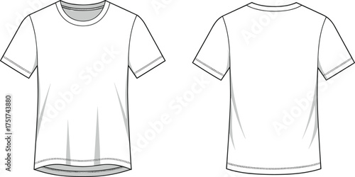 Blank white t-shirt, front view, back view, apparel template, fashion mockup, clothing design, plain shirt, garment, textile, crew neck, short sleeves, stitching detail, cotton fabric