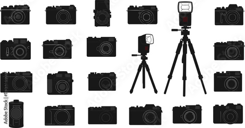 Camera, photography, icon, silhouette, black, white, tripod, vintage, modern, flash, lens, gear, minimal, grid, design, shoot, photo, equipment, digital, retro