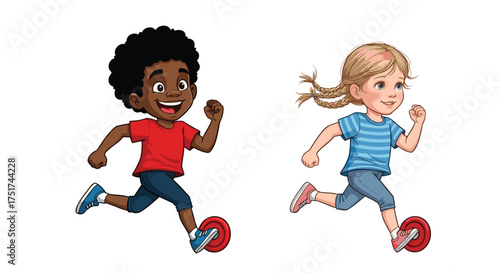 Cartoon children running, playful kids, energetic movement, childhood joy, outdoor activity, happy expressions, diverse characters, fun playtime, motion, white background