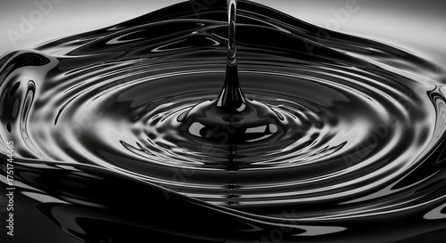 Close-up of a black liquid drop creating ripples and abstract shapes in a liquid surface, concept for industrial lubricant, engine oil, and dark cosmetic background