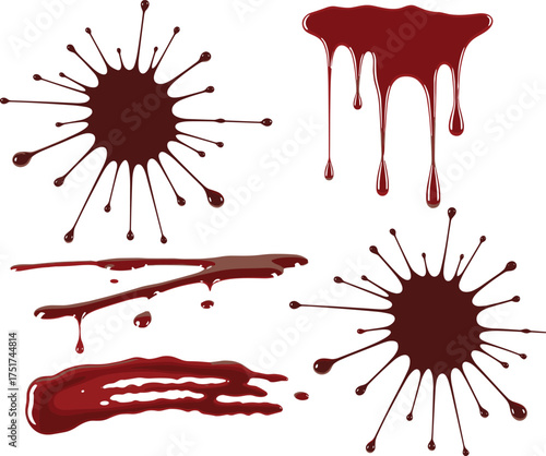 Dark red dripping blood splatter collection on white background, realistic horror paint drops and splashes for Halloween design