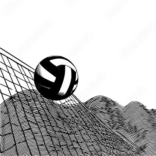 A black and white illustration of a volleyball hitting a net with a wavy background design element present