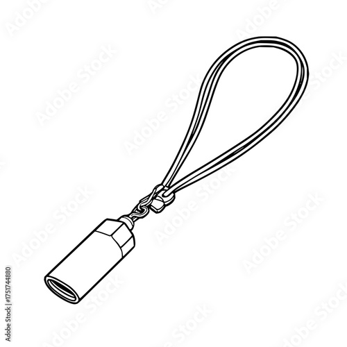 Illustration of a cylindrical object with a loop attached, presented in a minimalist black and white style
