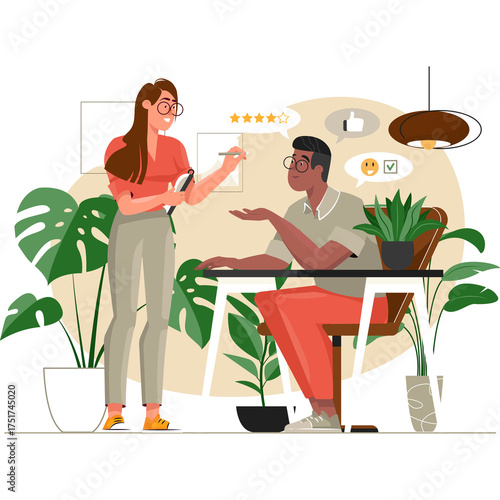 Two Business People Collaborating Discussing Ideas with Plants and Feedback Bubbles in a Bright Office Setting