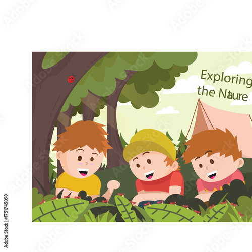 Three Young Boys Exploring Nature in a Forest Setting Surrounded by Greenery and Ladybugs under Soft Daylight