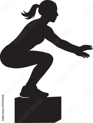 Box Jump Landing Fitness Pose Silhouette | Dynamic Workout Vector Illustration