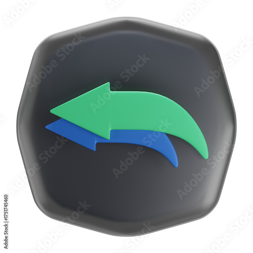 Two 3D Arrows Facing Backward One Green and One Blue Overlap Against a Dark Gray Hexagonal Background Isolated on White with a Subtle Glossy Effect