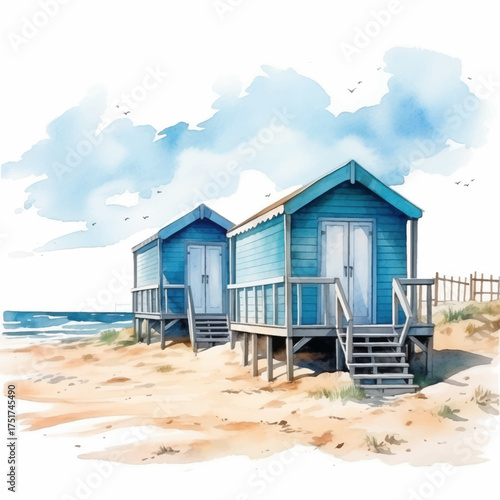 Idyllic serenity of two charming beach huts nestled on a sandy shore watercolor illustration. Gentle waves lap against the beach, peaceful and inviting atmosphere vector artwork. Lush greenery
