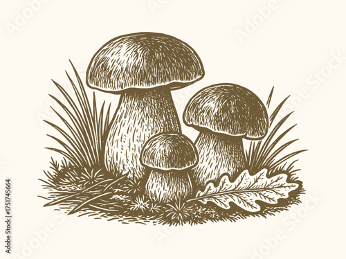 Boletus mushrooms forest engraving vintage style vector illustration