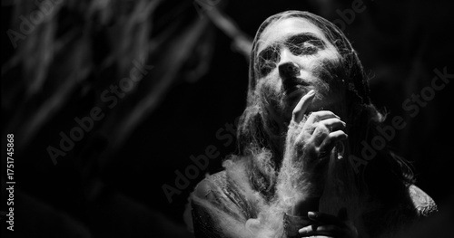 Obraz na plátně Portrait of fantasy woman trapped spider web on black background