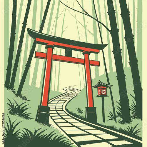 Serene ancient japanese torii gates forming a tranquil path through a mystical glowing landscape evoking tradition and spiritual journey