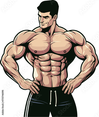腰に手を当てるマッチョな男性