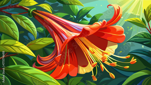 
Very beautiful macro view of trumpet honeysuckle, revealing vibrant red petals and golden stamens glowing softly under morning sunlight in a Virginia garden.