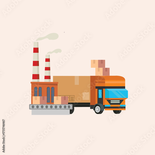 A vector illustration depicting a factory with smokestacks, a conveyor belt, and a truck loaded with cardboard boxes, symbolizing industry and logistics